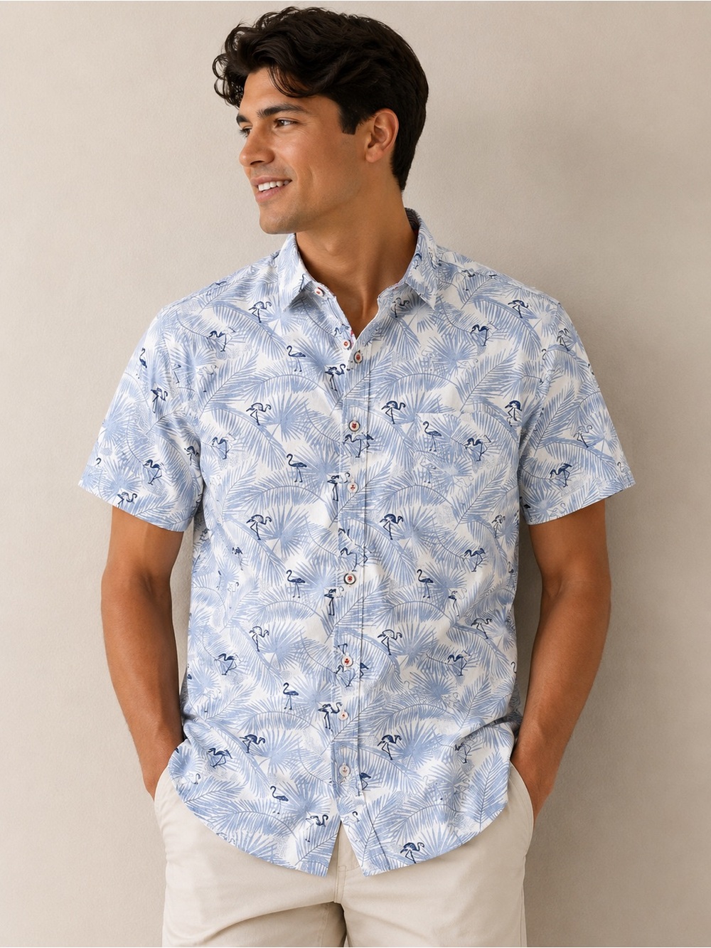 Denim & Flower Light Blue Palm & Flamingo Short-Sleeve Button-Down Shirt